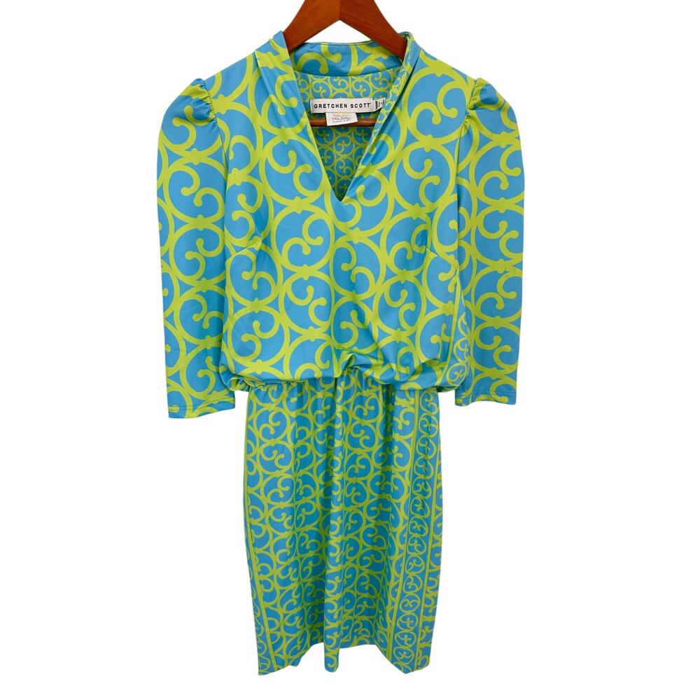 GRETCHEN SCOTT Blue Green Pattern Tie Waist 3/4 Sleeve Dress // XS